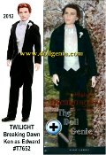 The final Edward and Bella dolls in the Barbie Twilight series are inspired by the fourth book in the Twilight series, Breaking Dawn, in which Edward Edward the groom is ready to marry his true love at last.   Dressed in tuxedo wedding attire inspired by the movie,   the Edward doll is handsome in his black tuxedo tails with crisp white shirt, vest and a satin bow tie.  A white flower boutonniere accents the lapel. 
