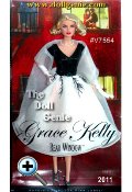 The sophisticated beauty of Grace Kelly is captured in this doll inspired by her character in Alfred Hitchcocks Rear Window. The elegant chiffon dress is a simple style with a v-neck bodice and full calf-length skirt in classic black and white. The top of the skirt features a branch pattern that extends ethereally from the belted waist. Classic pearls accessorize at the neck and wrist, while a white chiffon shawl, white satin gloves and black heels complete one of Grace Kellys most iconic looks.