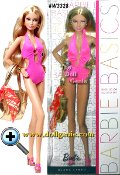 Barbie Basics is all about permission to play and this collection focuses on fashionable fun in the sun. Each Barbie doll wears an oh-so-chic ensemble complete with swimsuit and shoes in the same color, golden earrings and a bracelet, golden metallic tote and a blue or orange sarong. Model No.04 sports a blazing hot pink monokini and an orange tropical sarong!