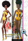 Barbie Basics is all about permission to play and this collection focuses on fashionable fun in the sun. Each Barbie doll wears an oh-so-chic ensemble complete with swimsuit and shoes in the same color, golden earrings and a bracelet, golden metallic tote and a blue or orange sarong. Model No. 08's sunny-yellow monokini shines, especially when set off against the orange tropical sarong!
