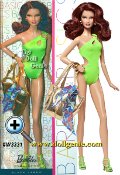 Barbie Basics is all about permission to play and this collection focuses on fashionable fun in the sun. Each Barbie doll wears an oh-so-chic ensemble complete with swimsuit and shoes in the same color, golden earrings and a bracelet, golden metallic tote and a blue or orange sarong. Model No. 02 rocks a one-shouldered monokini with side cut-outs and a blue tropical sarong. Fierce!