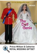 This Barbie and Ken as Prince William and Catherine Middleton Royal Wedding Gift Set includes exquisite portrait dolls of the bride and groom now bestowed with the titles, Duke and Duchess of Cambridge. The Catherine doll wears an elegant, yet chic, gown inspired by the original and features lovely ivory taffeta trimmed with lace and faux pearl buttons. Also includes wedding bouquet, silvery tiara, earrings and engagement ring. Continuing the elegance is Catherines handsome prince. William is dressed in the brilliant scarlet uniform of the Colonel of the Irish Guards, proudly decorated with royal blue sash, metallic cummerbund with bow trimmed in golden fringe, golden buttons and medallions. Designed by Robert Best
