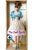 Celebrate in style with this frothy ivory party dress that boasts a classic full-skirt silhouette and taupe lace overskirt. Sash and bow details and stiletto pumps repeat the icy blue hue of the cropped jacket. Includes tiara, faux pearl drop earrings and white opera gloves. Designed by Robert Best