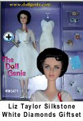 This gift set features a Silkstone Barbie as Elizabeth Taylor in a stunning white dress with a fashion lingere slip and extra accessories. Mattel  celebrates and honors Elizabeth Taylor, beloved to millions around the world. Magnificently created to capture every detail of her unique beauty, the face sculpt was reviewed and approved by Miss Taylor herself. The doll models a lovely white dress, inspired by costumes worn by the actress during Hollywood's Golden Age. An exquisite jewelry suite, starlet accouterments, and a mini perfume bottle are the wonderful accessories.