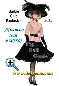 The perfect afternoon suit begins with a pink jacket featuring length sleeves and trompe loeil vest. Faux patent leather belt is the perfect accent piece. Sheer black pleated skirt lends feminine flair. The classic accouterments for this ensemble: black stilettos and gloves. Finally, the picture hat with lavish feather embellishments completes the look. Less than 4,300 worldwide