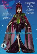 She rules the far reaches of the fashion frontier in supreme style! Empress of the Aliens Barbie doll wears an intriguing outfit of green, purple and black with metallic accents, while an elaborate headdress adds to her commanding presence. Her mysterious cat-like eyes suggest a connection to a faraway galaxy, giving her a look thats light years beyond the ordinary! - Because this is a BFC Exclusive doll, this doll was only available to us through resale and is priced accordingly. Less than 4800 of these dolls worldwide.