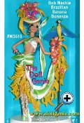 Shes a glamazon from the Amazon, a Latin bombshell as hot and steamy as Rio. This tutti fruitti beauty celebrates the vibrant rhythms of Brazil: the sultry samba, the bossa nova. And while performing in her tropical wonderland, the perfect, jazzy fashion fantasy is festooned with brilliant yellow bananas!   Bob Mackie draws inspiration from a South American paradise. Brazilian Banana Bonanza Barbie wears an exuberant, white-and-lime striped sarong. The dramatic skirt is edged with a bounty of bananas. Her basket headpiece holds fruit and hibiscus blossoms. Lace up platform sandals and colorful earrings and bangles complete her look. The final piece de resistance is her favorite companion an exotic feathered friend.