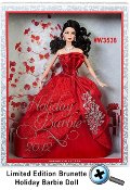 Mattel is making 2012 the holiday you will never forget! Barbie doll has returned to traditional holiday colors and is radiant in red. The strapless gown features rich layers in the uplifted skirt, with a red petticoat underneath, a red tulle layer adding volume and a rich brocade fabric on the dress. A sash tied around the waist produces an elegant bow with glitter detailing. A statement necklace and earrings, red nails and red lips complete the festive look while her soft blonde hair adds a joyful glow. 2012 Holiday Barbie Brunette Version