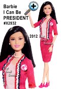 Barbie enters the race to win the Pink House wearing a sophisticated suit in her signature pink, of course! Her jacket is accented with a three-color ruffle trim in patriotic red, white and blue and is accessorized with a pearl necklace and earrings. Proudly sporting her B Party campaign button, Barbie doll represents girls nationwide. Plus shes the only Presidential candidate that doesnt need a platform. She can stand on her own literally! Vote for Barbie!
