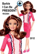 With this official-looking doll, girls can explore the possibilities as US President. Barbie doll is wearing a smart suit in her signature pink, of course! Her jacket is accented with a three-color ruffle trim-in patriotic red, white and blue-and she is accessorized with a sophisticated pearl necklace and earrings. She proudly sports her B-Party campaign button, representing girls nationwide, and this Barbie doll can stand on her own-literally! Vote for Barbie! 